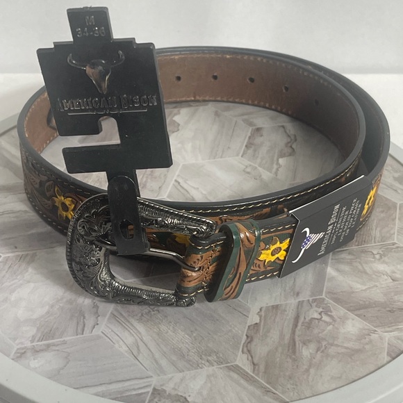 American Bison Western Leather Belt M 34-36 Tooled Floral Buckle - Picture 5 of 7